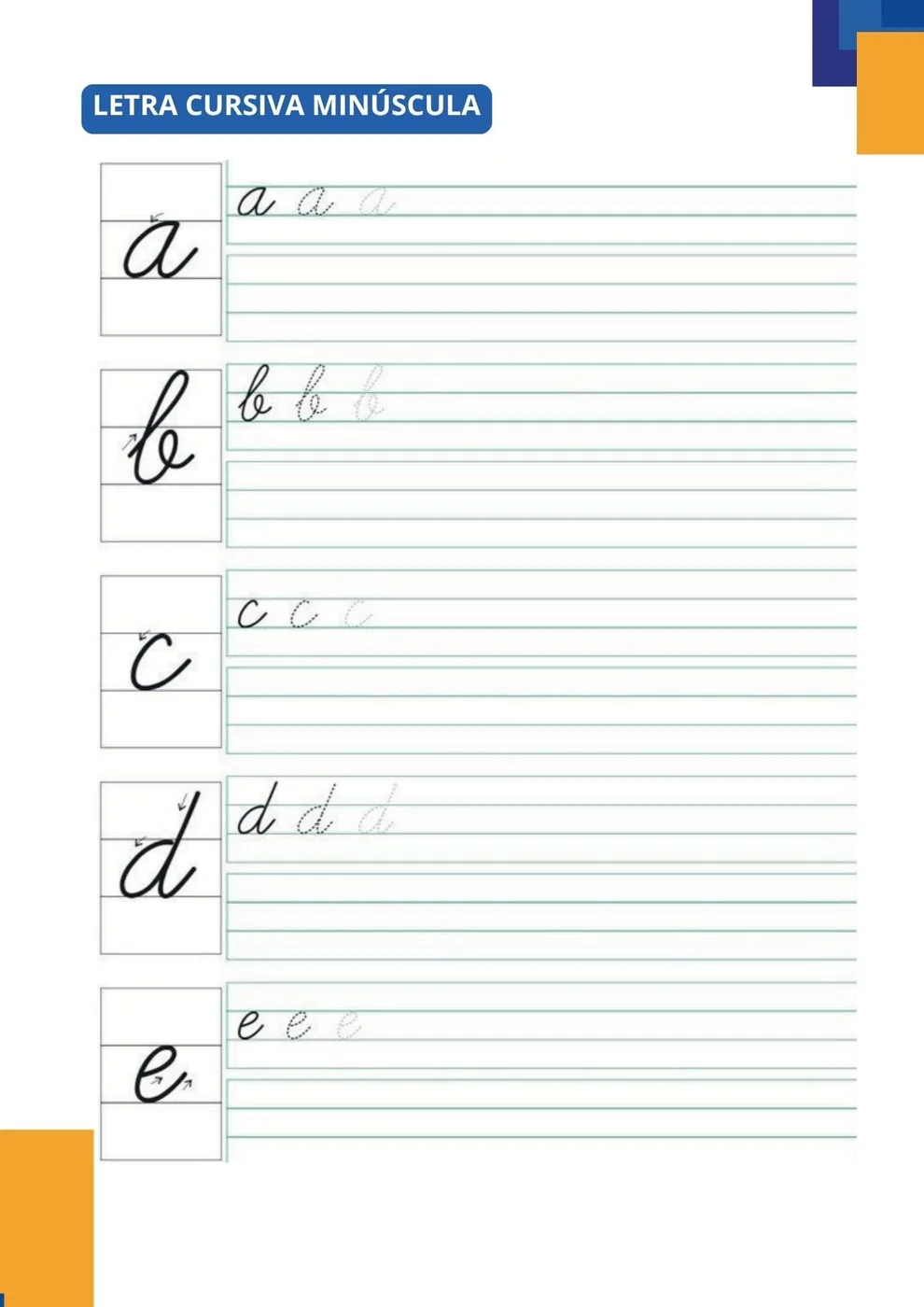 Página de treino de letra cursiva minúscula