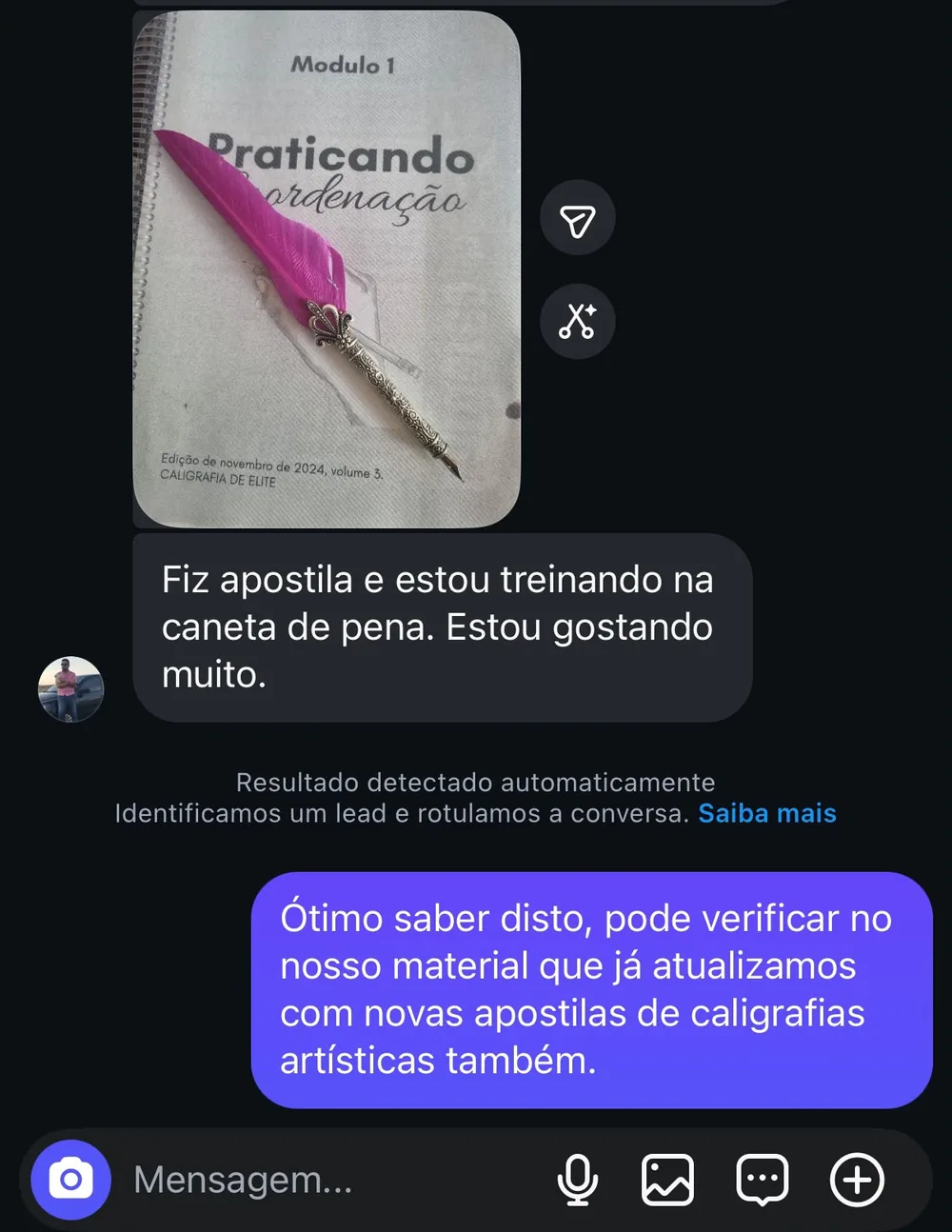 Mensagem de aluna a praticar com caneta de pena